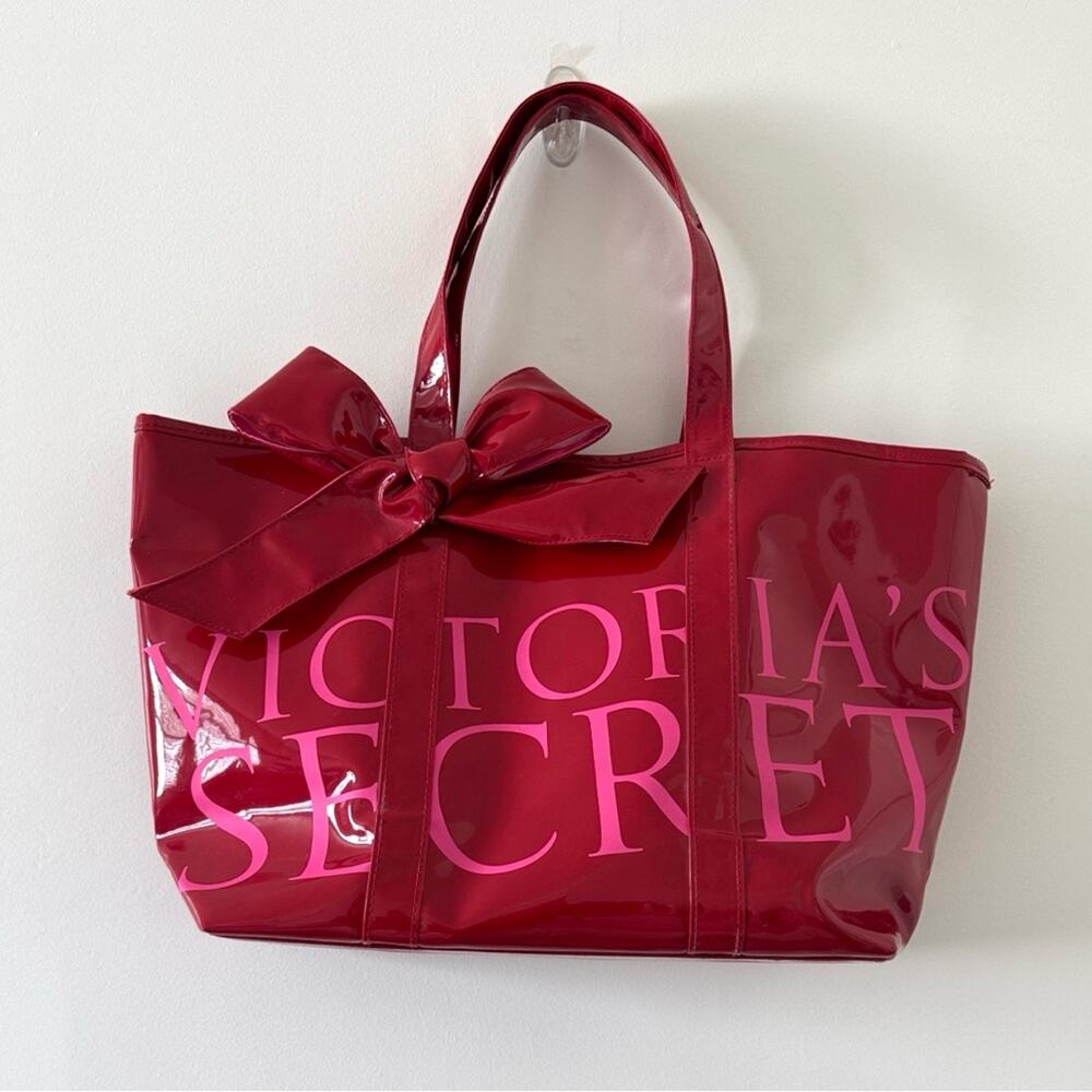 Y2K Victoria’s Secret Red Patent Bow Tote Bag Logo Carryall Shopper Coquette